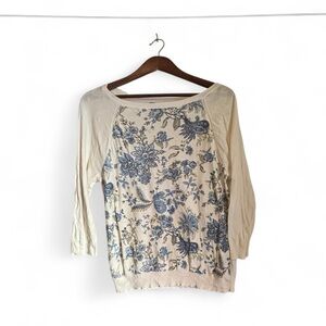 Chaps Blue and Cream Floral Long Sleeve Knit Sweater Size Petite Large